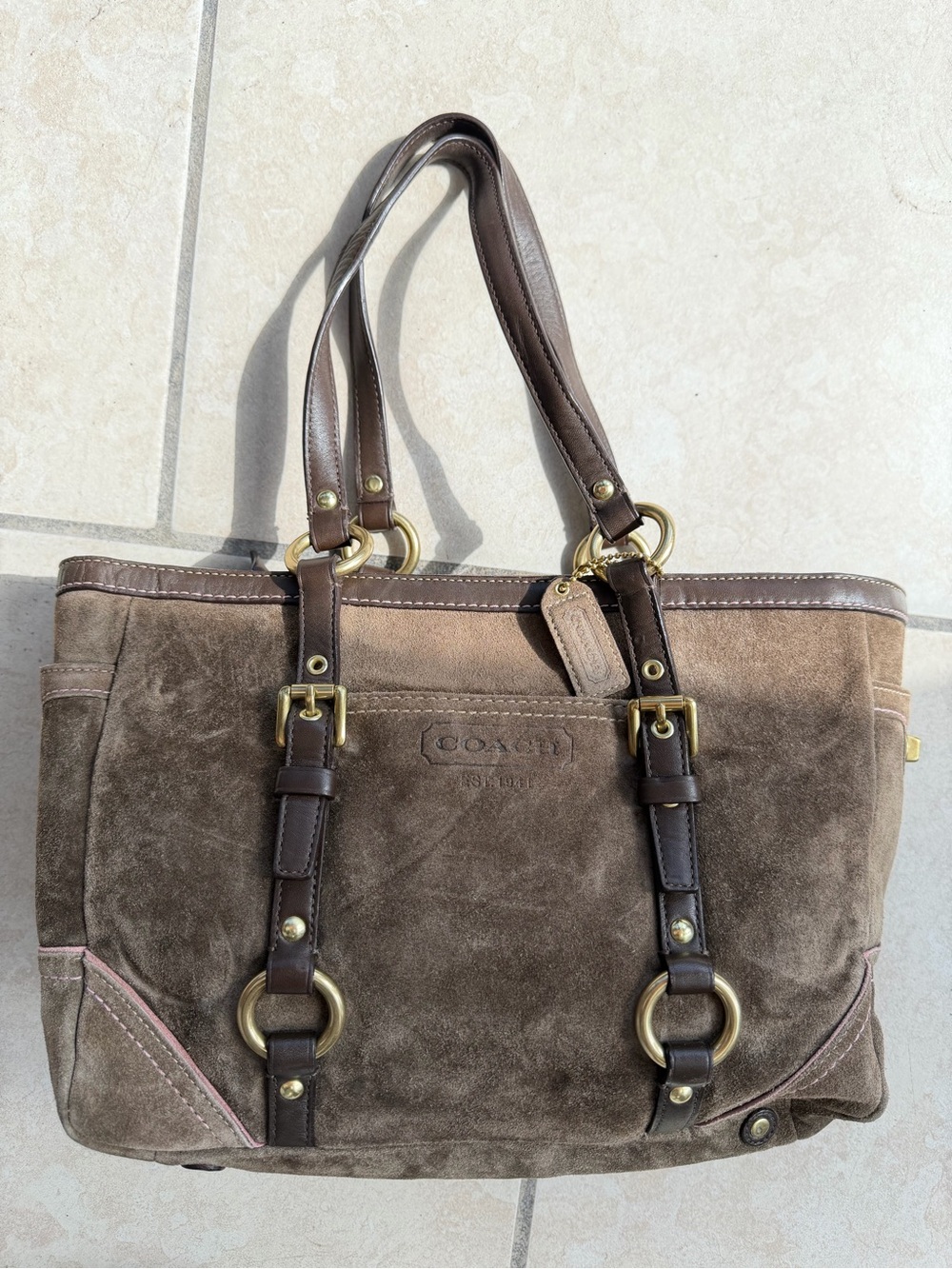 Coach Brown Suede Shoulder Bag with Dark Leather Straps